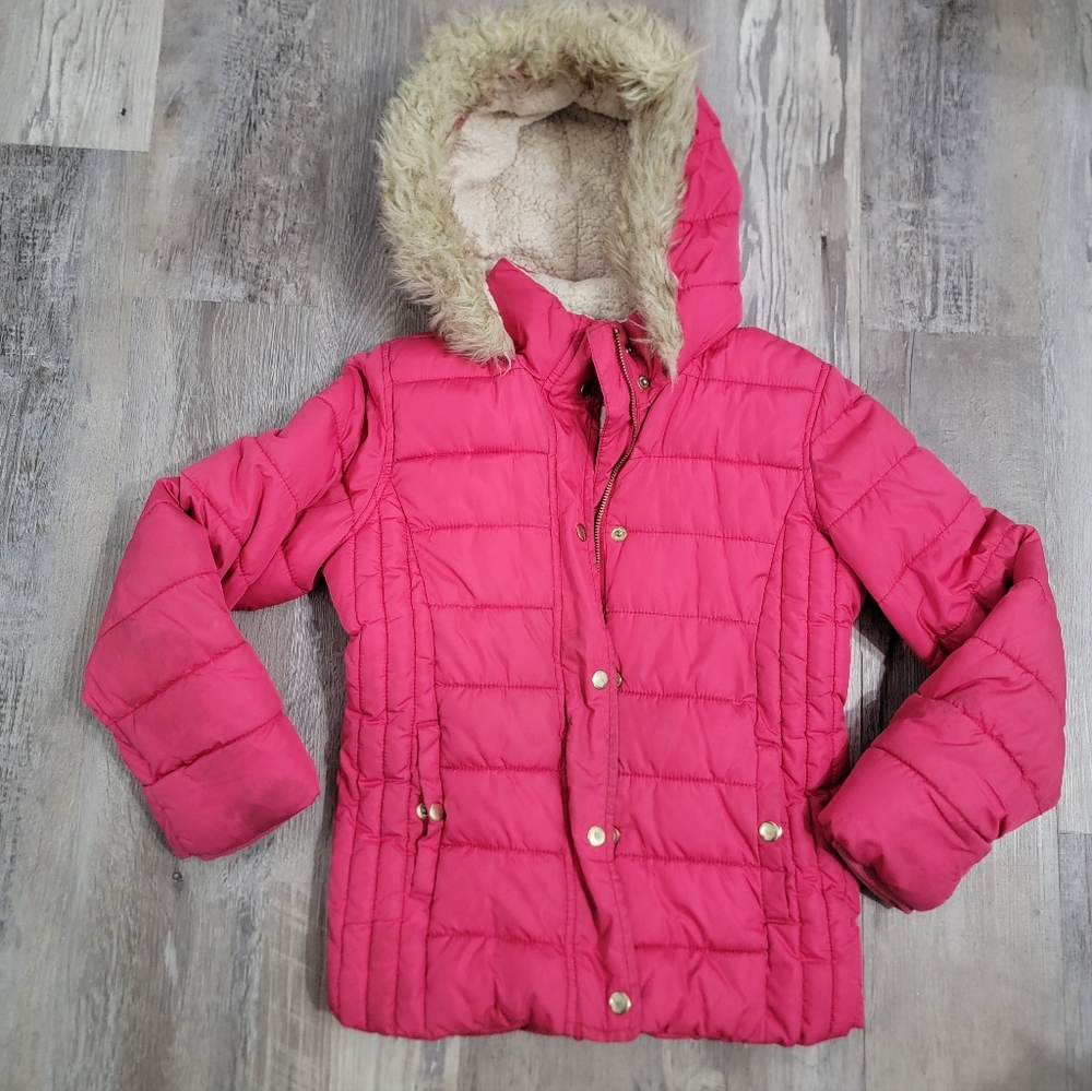 Kids Pink Puffer Jacket with Faux Fur Hood